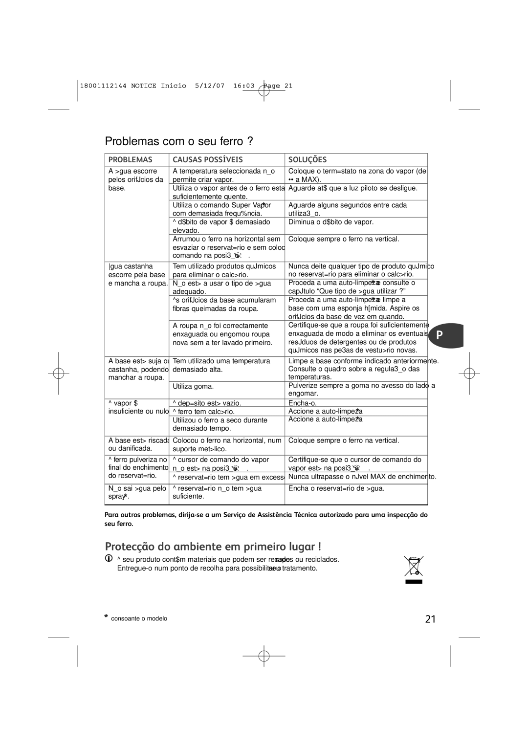 Tefal FV1115E0 Problemas com o seu ferro ?, Protecção do ambiente em primeiro lugar, Problemas Causas Possíveis Soluções 