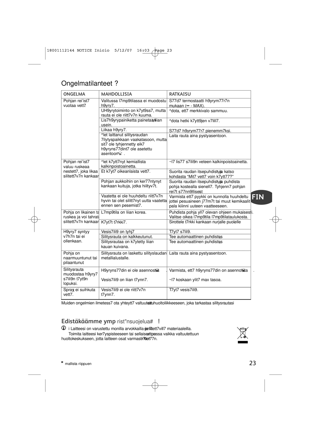 Tefal FV1115E0 manual Ongelmatilanteet ?, Ongelma Mahdollisia Ratkaisu 