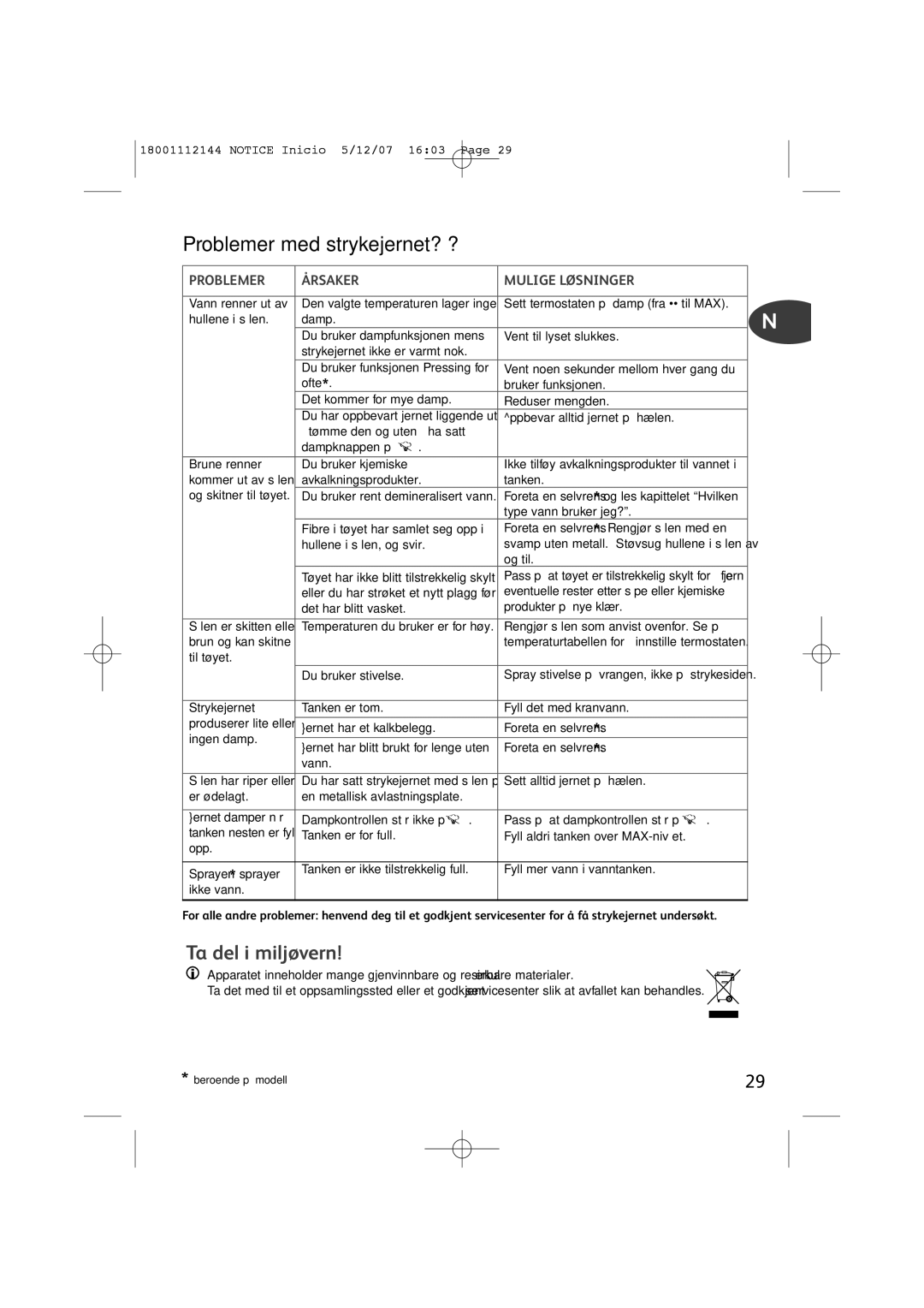 Tefal FV1115E0 manual Problemer med strykejernet? ?, Ta del i miljøvern, Problemer Årsaker Mulige Løsninger 