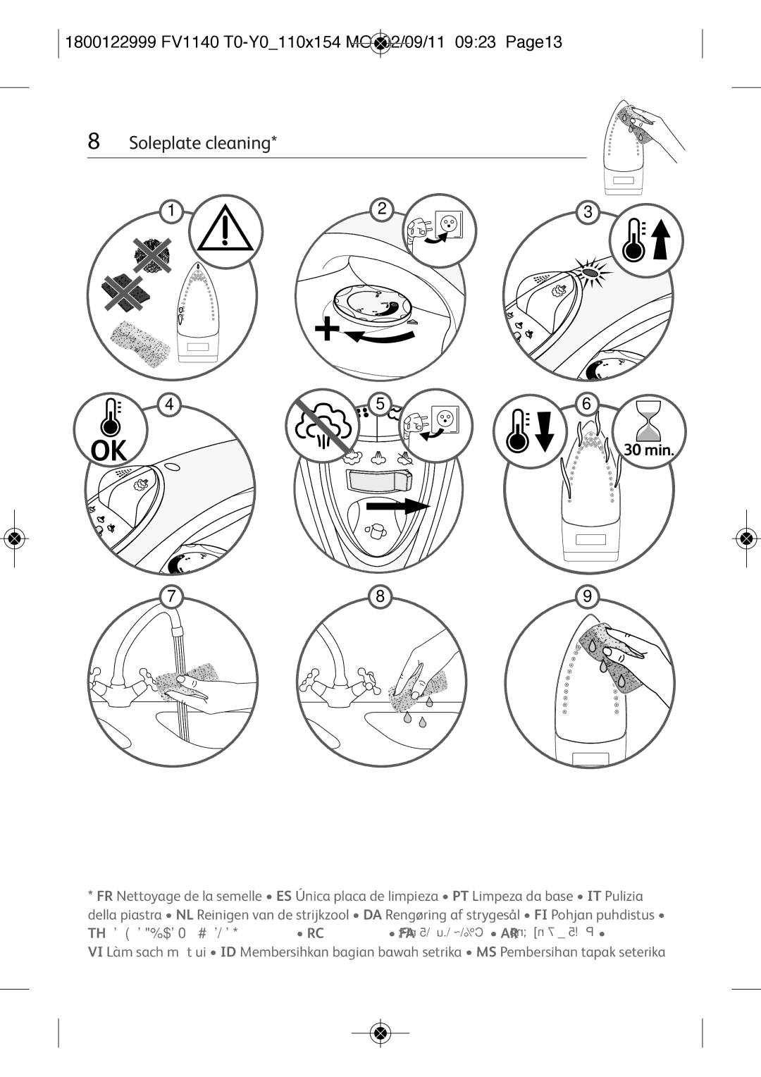 Tefal FV1140Y0, FV1140T0 manual Soleplate cleaning, 30MIN 