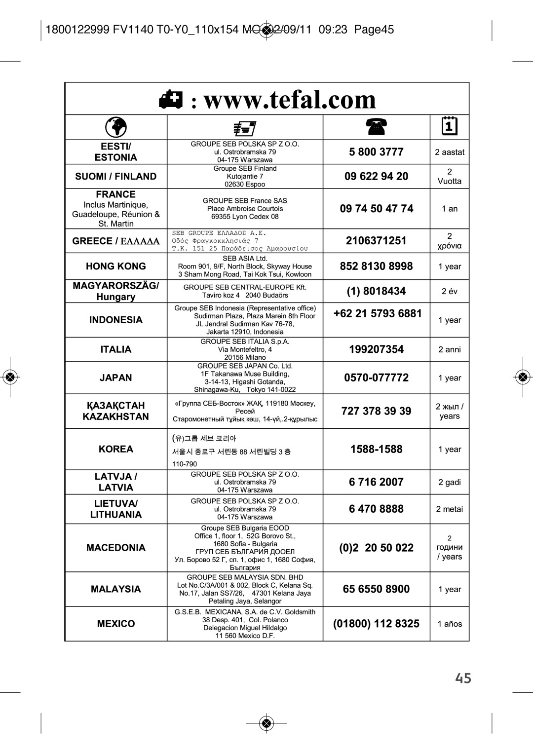 Tefal FV1140Y0, FV1140T0 manual 1800122999 FV1140 T0-Y0110x154 MO 02/09/11 0923 Page45 