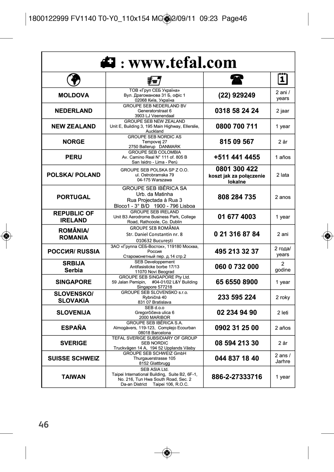 Tefal FV1140T0, FV1140Y0 manual 1800122999 FV1140 T0-Y0110x154 MO 02/09/11 0923 Page46 