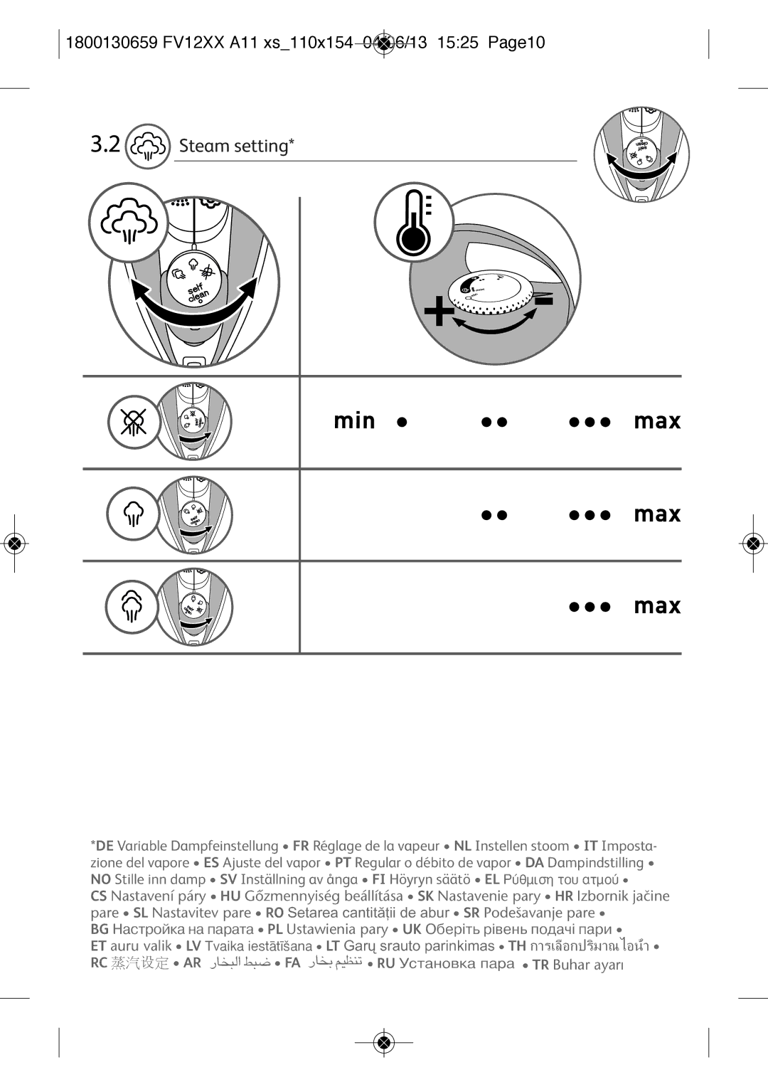 Tefal FV1230E0, FV1230G0 manual Steam setting 