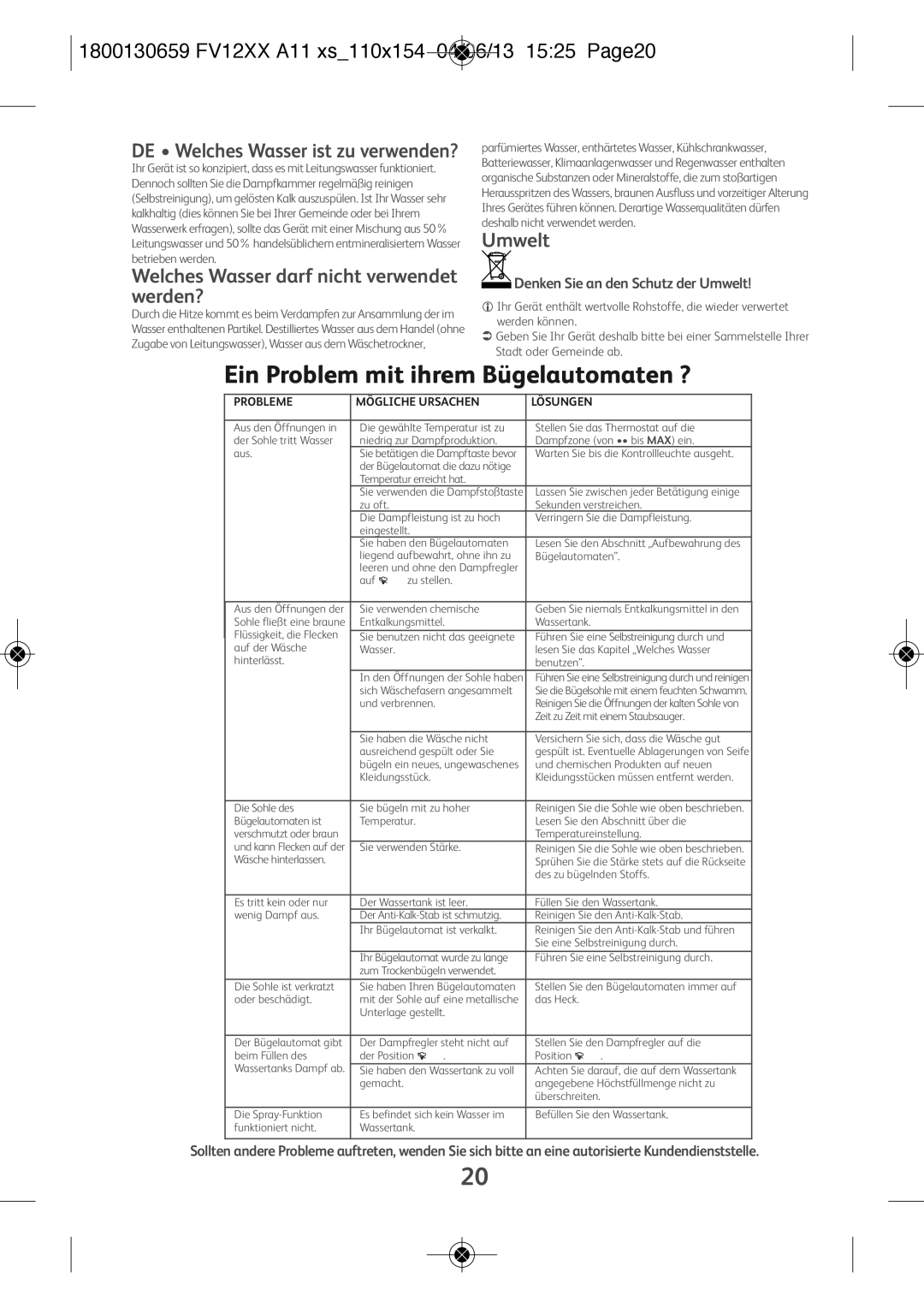 Tefal FV1230E0, FV1230G0 manual Ein Problem mit ihrem Bügelautomaten ?, Welches Wasser darf nicht verwendet werden?, Umwelt 