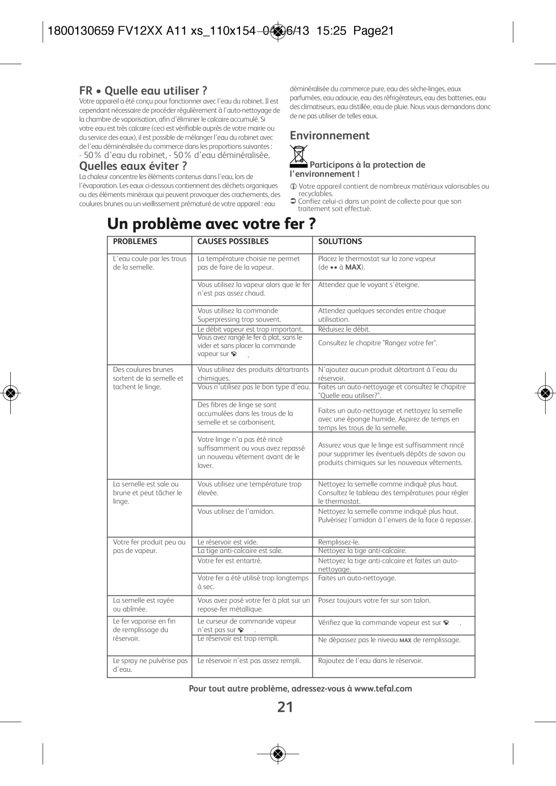 Tefal FV1230G0 manual FR Quelle eau utiliser ?, Quelles eaux éviter ?, Environnement, Problemes Causes Possibles Solutions 