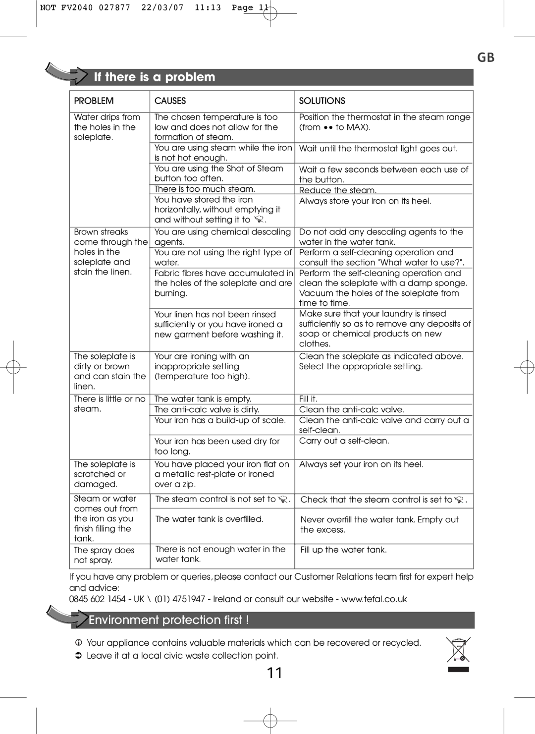 Tefal FV2040E0 manual If there is a problem, Environment protection first, Problem Causes Solutions 