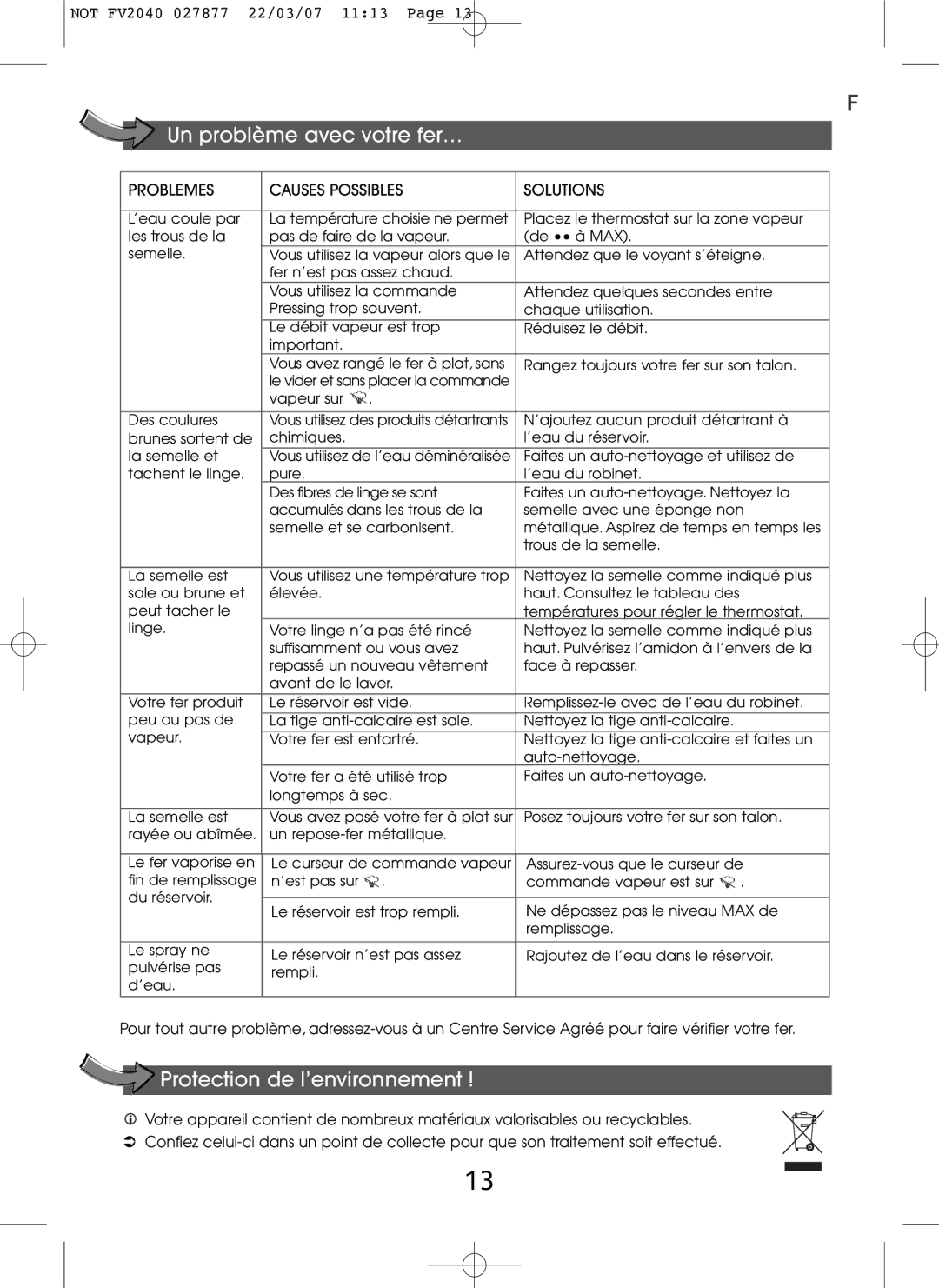 Tefal FV2040E0 manual Un problème avec votre fer…, Protection de l’environnement, Problemes Causes Possibles Solutions 