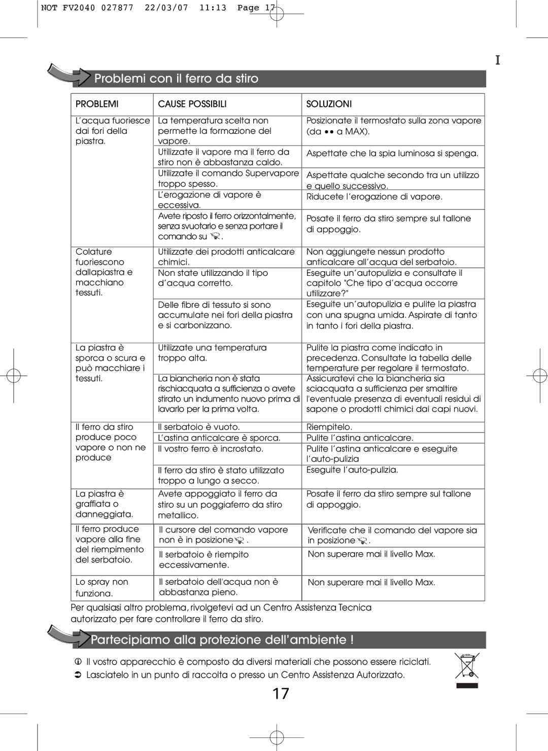 Tefal FV2040E0 manual Problemi con il ferro da stiro, Partecipiamo alla protezione dell’ambiente 