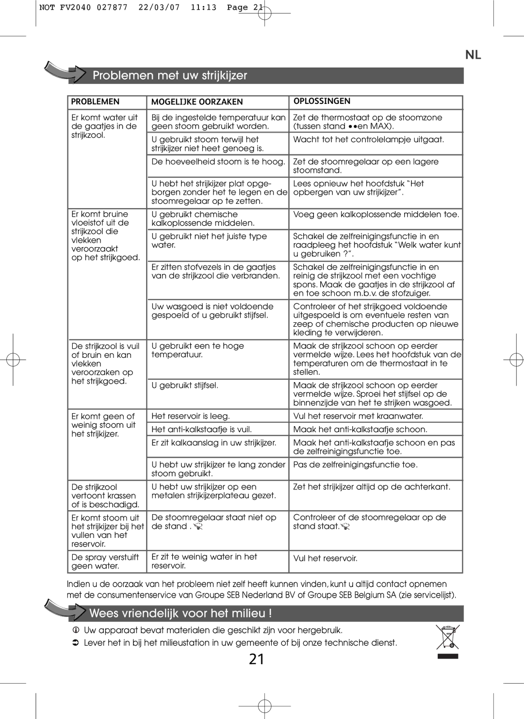 Tefal FV2040E0 manual Problemen met uw strijkijzer, Wees vriendelijk voor het milieu 