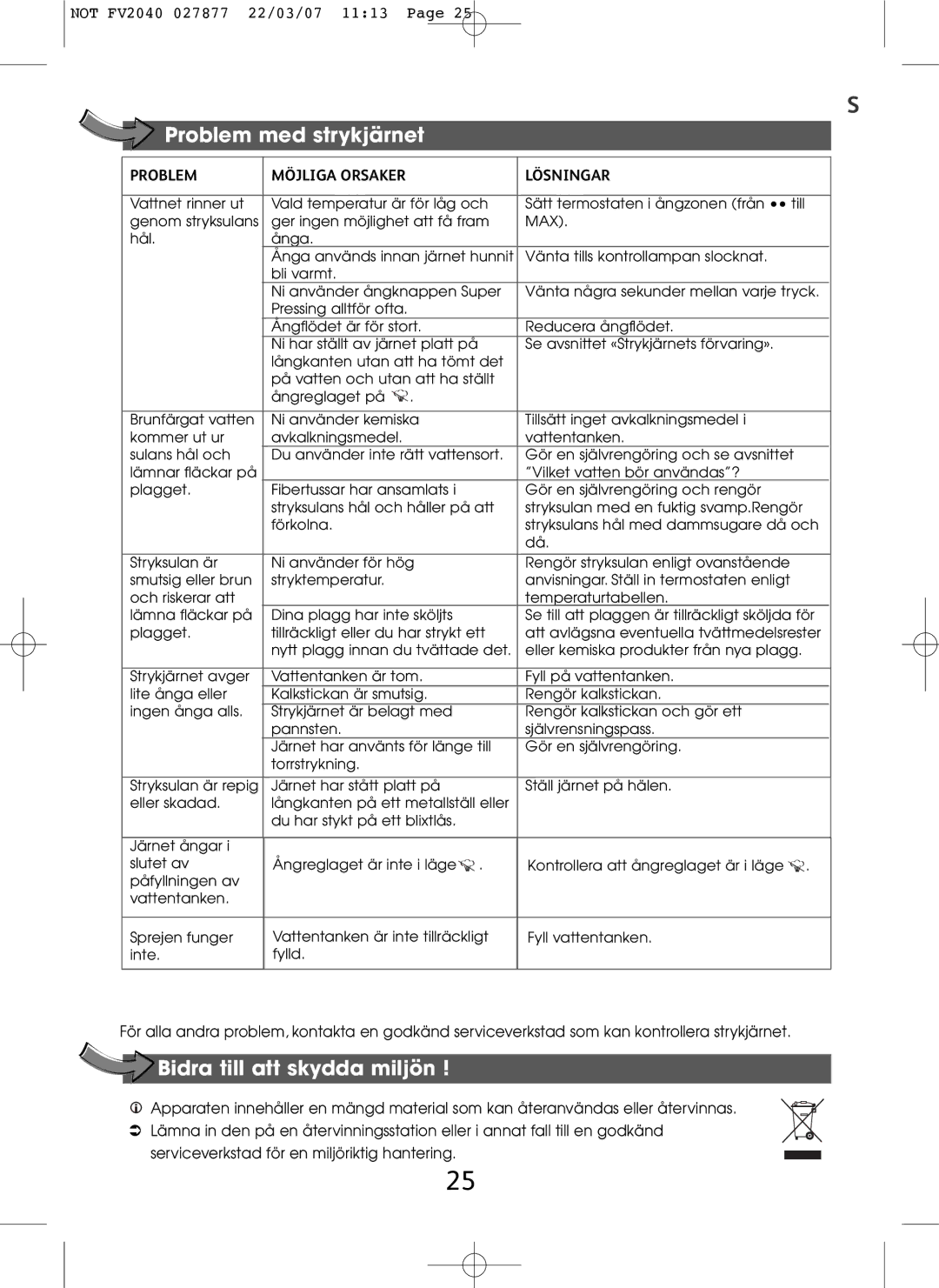 Tefal FV2040E0 manual Problem med strykjärnet, Bidra till att skydda miljön 