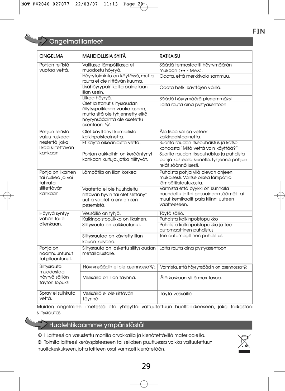 Tefal FV2040E0 manual Ongelmatilanteet, Huolehtikaamme ympäristöstä, Ongelma Mahdollisia Syitä Ratkaisu 