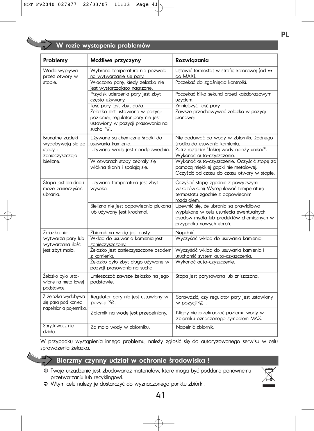 Tefal FV2040E0 manual Bierzmy czynny udział w ochronie środowiska, Razie wystąpenia problemów 