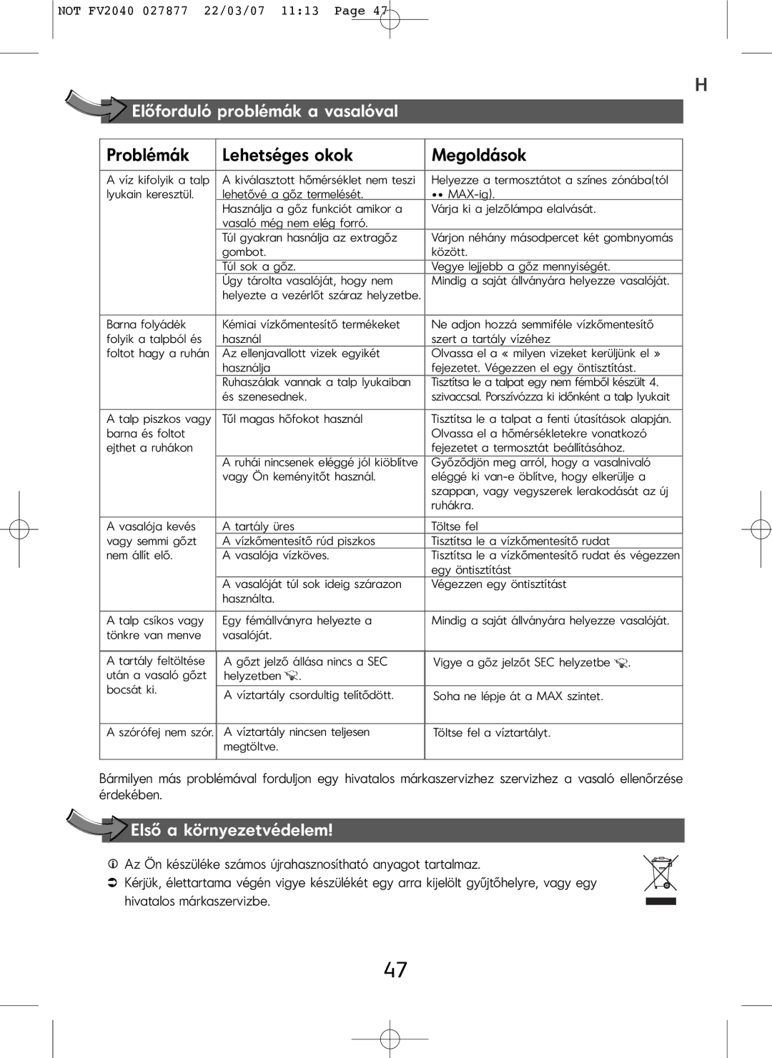 Tefal FV2040E0 manual Előforduló problémák a vasalóval, Első a környezetvédelem 