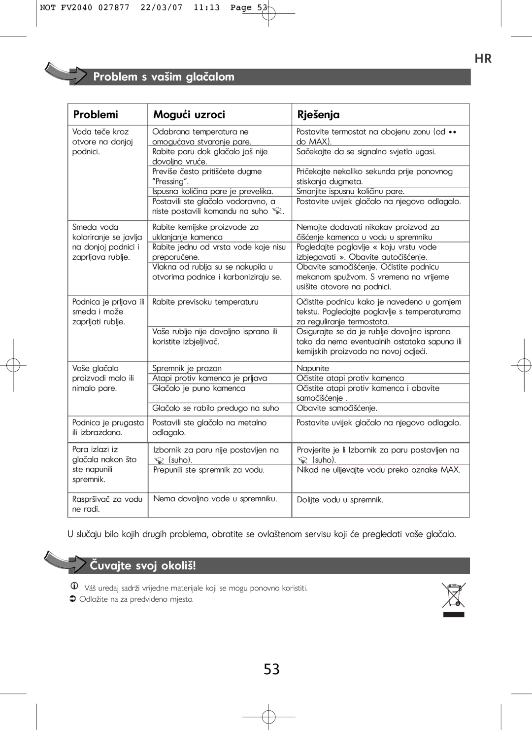 Tefal FV2040E0 manual Problem s vašim glačalom, Čuvajte svoj okoliš 