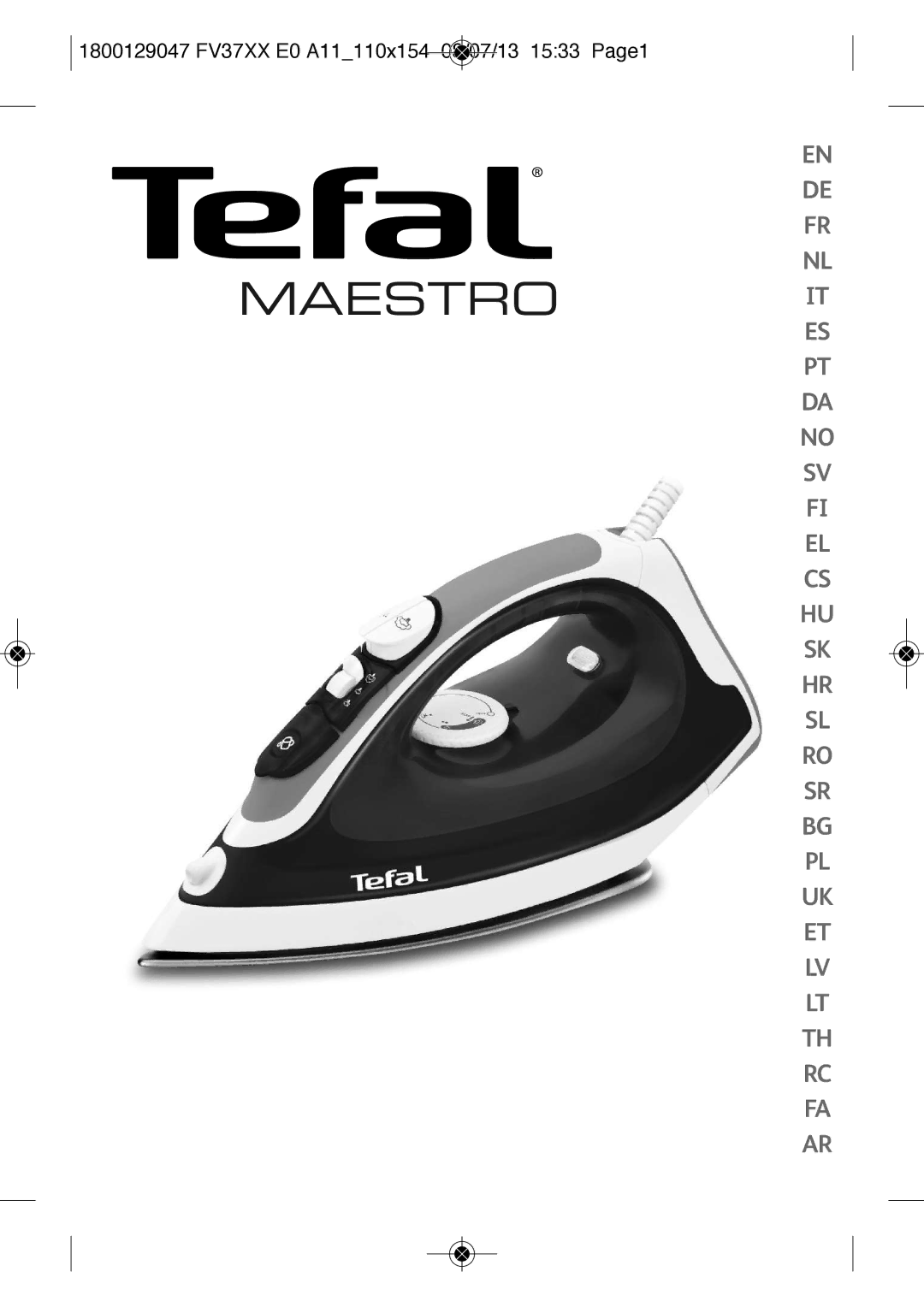 Tefal FV3140E0, FV3140C0, FV3140E1, FV3140K0, FV3140L0 manual Maestro, 1800129047 FV37XX E0 A11110X154 08/07/13 1533 PAGE1 