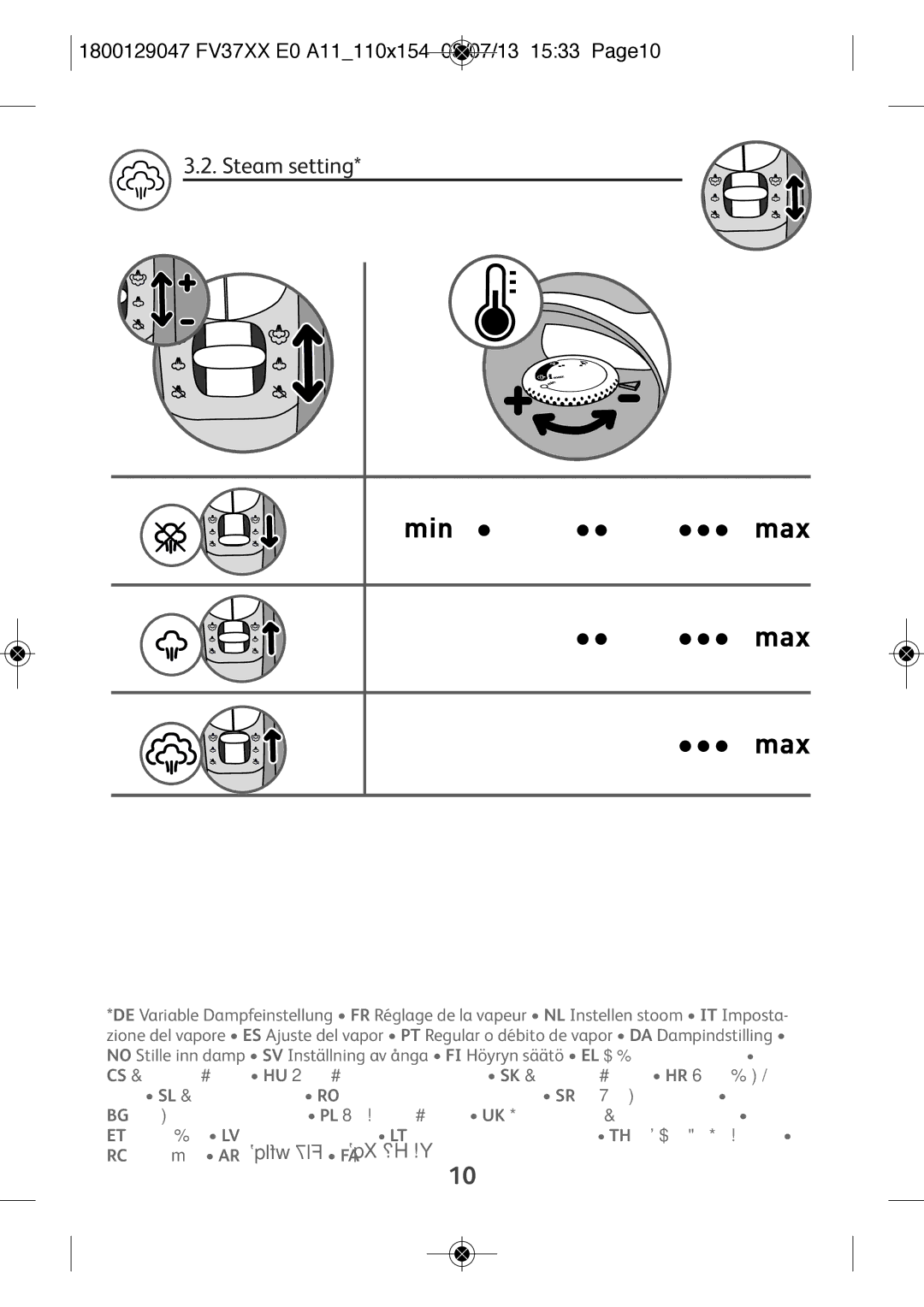 Tefal FV3140C0, FV3140E0, FV3140E1, FV3140K0, FV3140L0 Steam setting, 1800129047 FV37XX E0 A11110X154 08/07/13 1533 PAGE10 