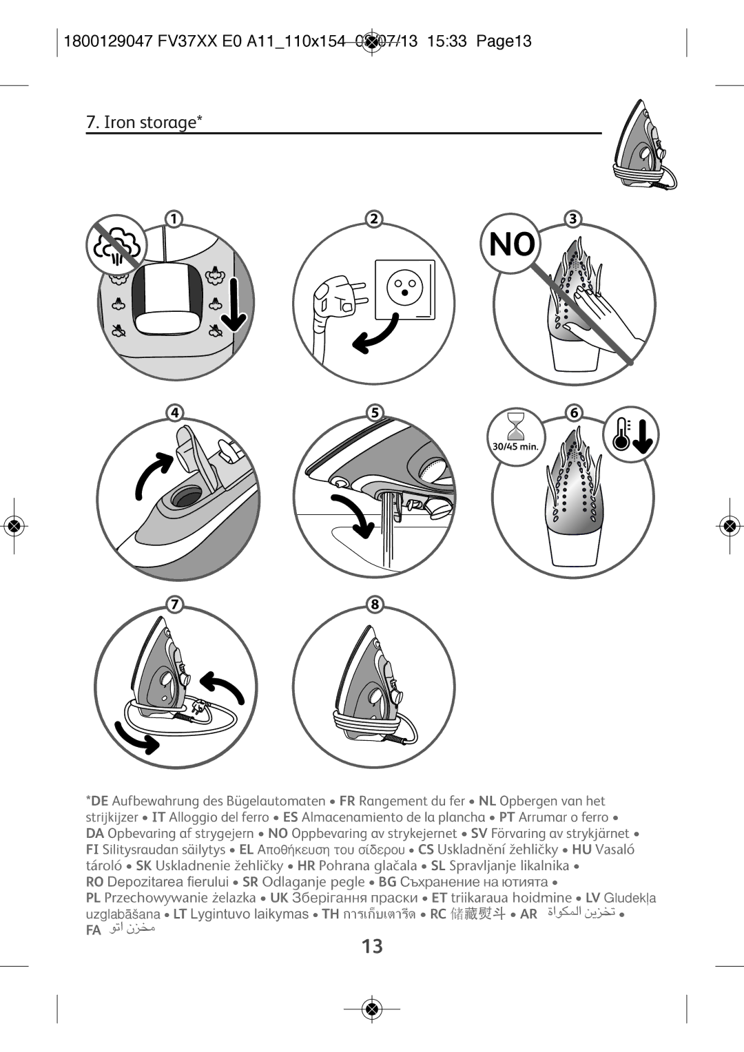 Tefal FV3140K0, FV3140C0, FV3140E0, FV3140E1, FV3140L0 Iron storage, 1800129047 FV37XX E0 A11110X154 08/07/13 1533 PAGE13 