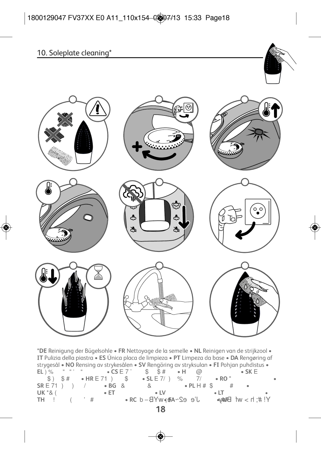 Tefal FV3140E6, FV3140C0, FV3140E0, FV3140E1 manual Soleplate cleaning, 1800129047 FV37XX E0 A11110X154 08/07/13 1533 PAGE18 