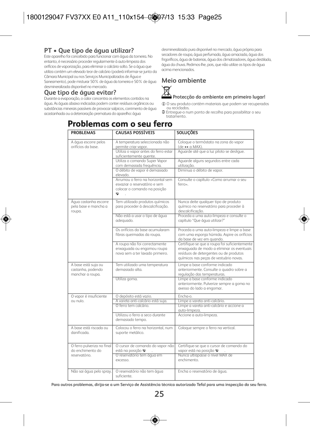 Tefal FV3140N0 Problemas com o seu ferro, 1800129047 FV37XX E0 A11110X154 08/07/13 1533 PAGE25, Que tipo de água evitar? 