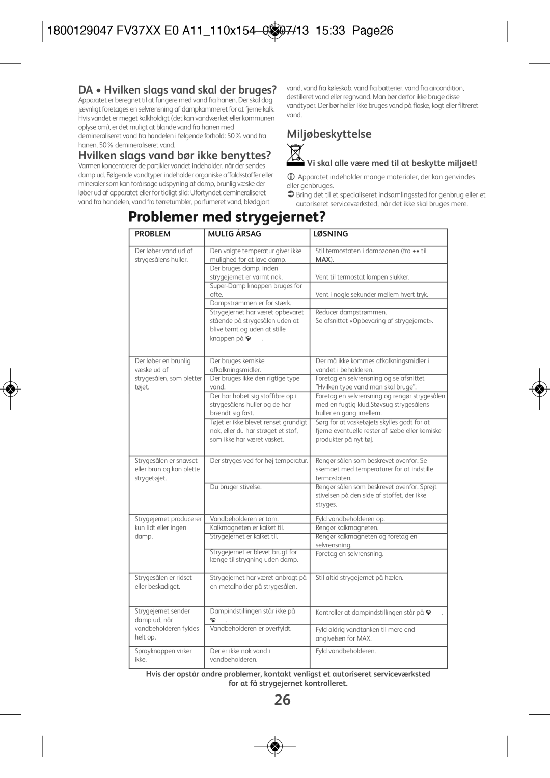 Tefal FV3140M0 manual Problemer med strygejernet?, 1800129047 FV37XX E0 A11110X154 08/07/13 1533 PAGE26, Miljøbeskyttelse 