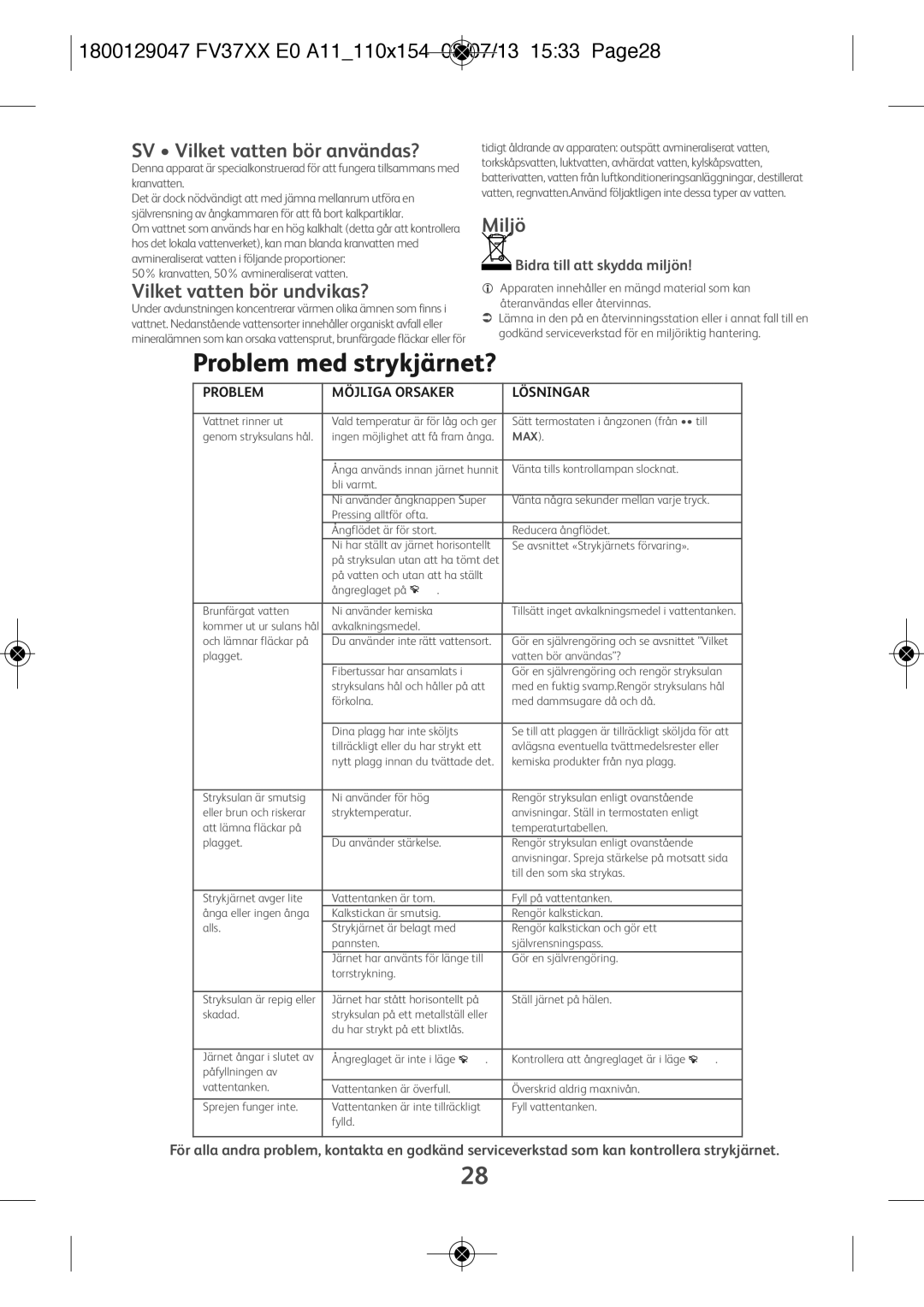 Tefal FV3140E6 Problem med strykjärnet?, 1800129047 FV37XX E0 A11110X154 08/07/13 1533 PAGE28, Vilket vatten bör undvikas? 