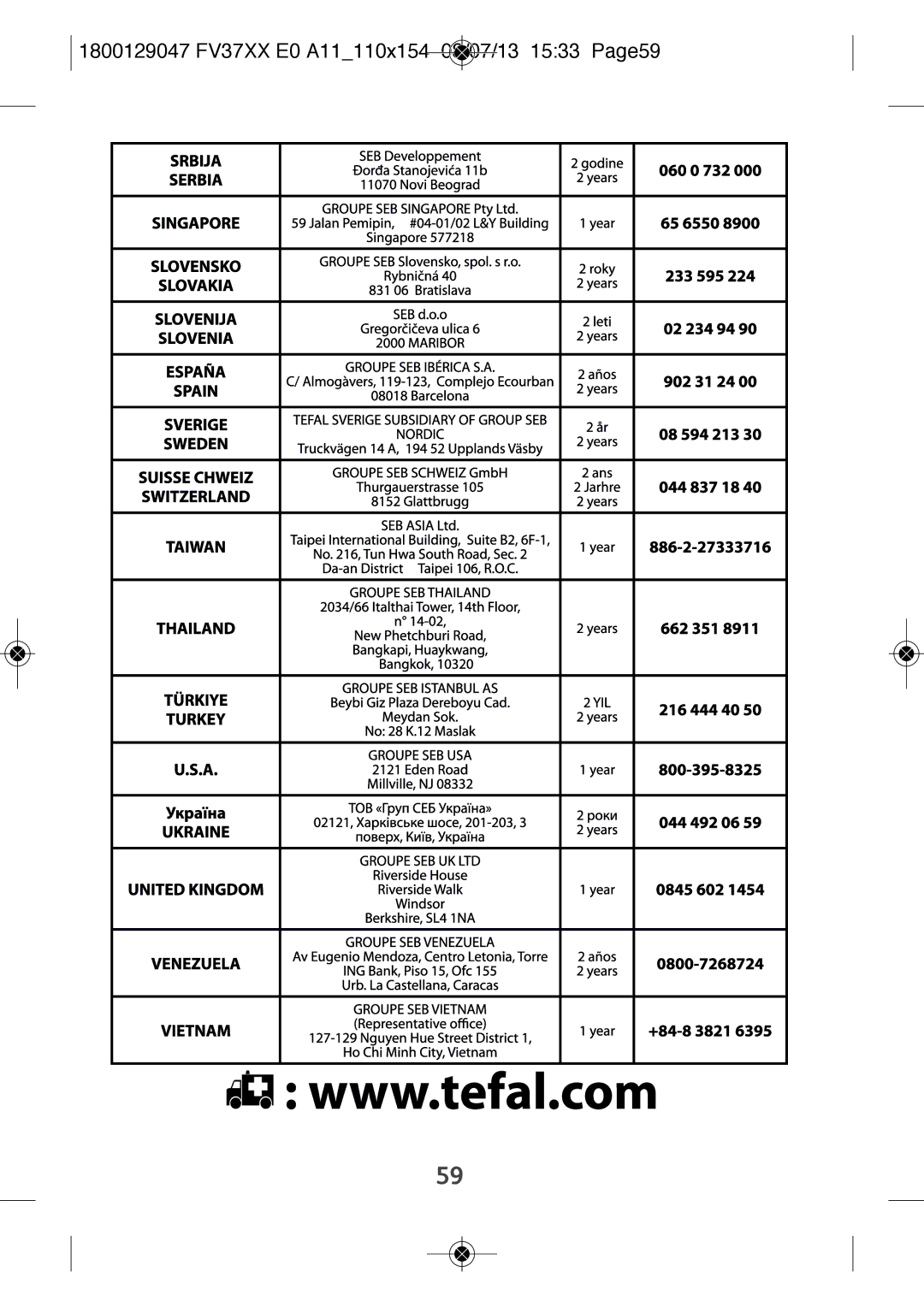 Tefal FV3140E1, FV3140C0, FV3140E0, FV3140K0, FV3140L0, FV3140N0, FV3140M0 1800129047 FV37XX E0 A11110X154 08/07/13 1533 PAGE59 