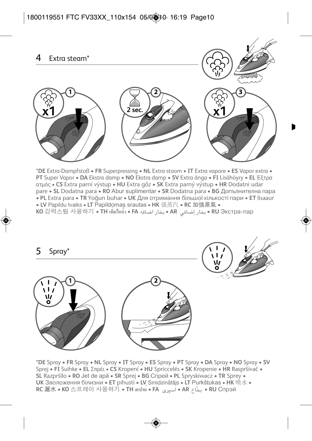 Tefal FV3303E2, FV3303G0, FV3303E1, FV3303C0, FV3303E0 manual Extra steam, Spray 