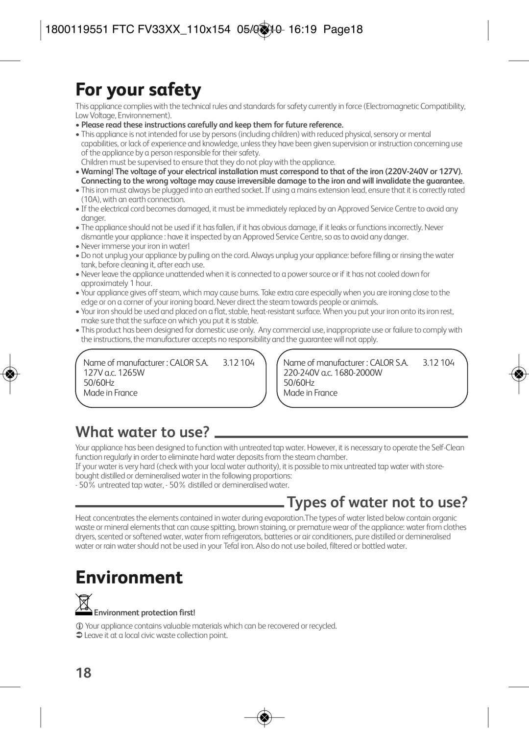 Tefal FV3303C0, FV3303E2, FV3303G0, FV3303E1 For your safety, Environment, What water to use?, Types of water not to use? 