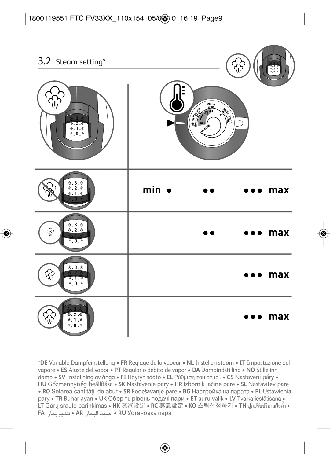 Tefal FV3303E0, FV3303E2, FV3303G0, FV3303E1, FV3303C0 manual Steam setting 