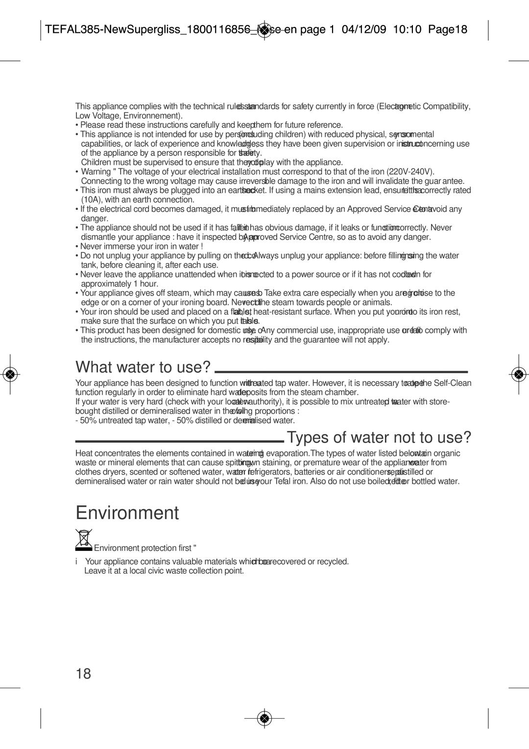 Tefal FV3535C0, FV3535E0 manual For your safety, Environment, What water to use?, Types of water not to use? 