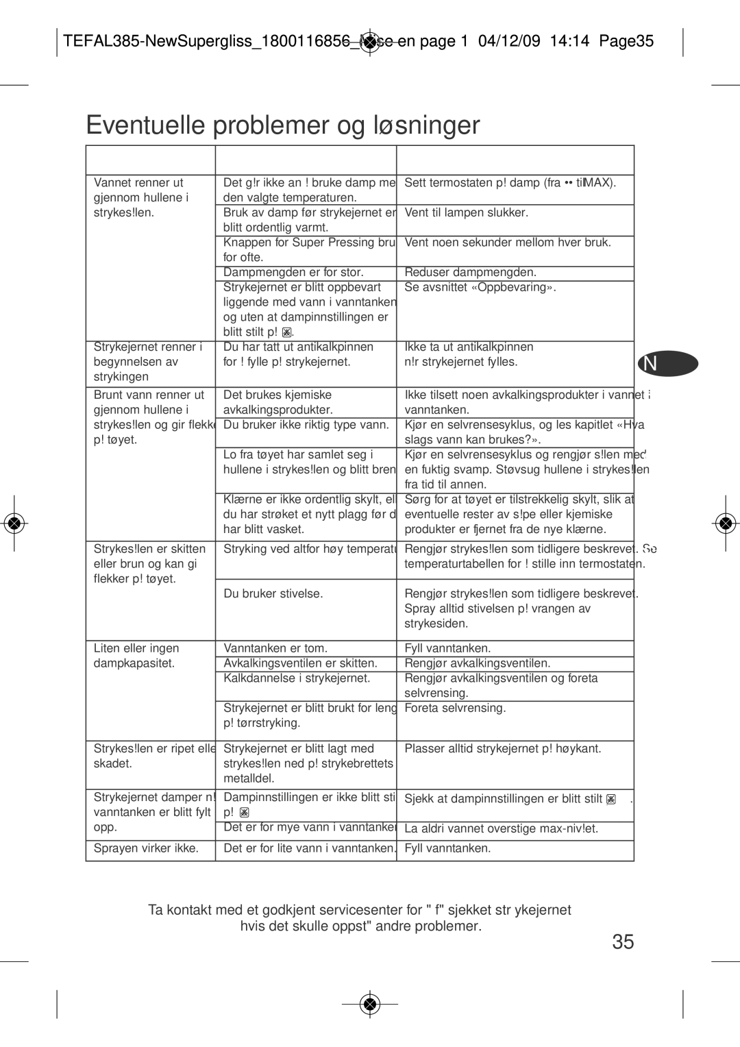 Tefal FV3535E0, FV3535C0 manual Eventuelle problemer og løsninger, Problemer Mulige Årsaker Løsninger 