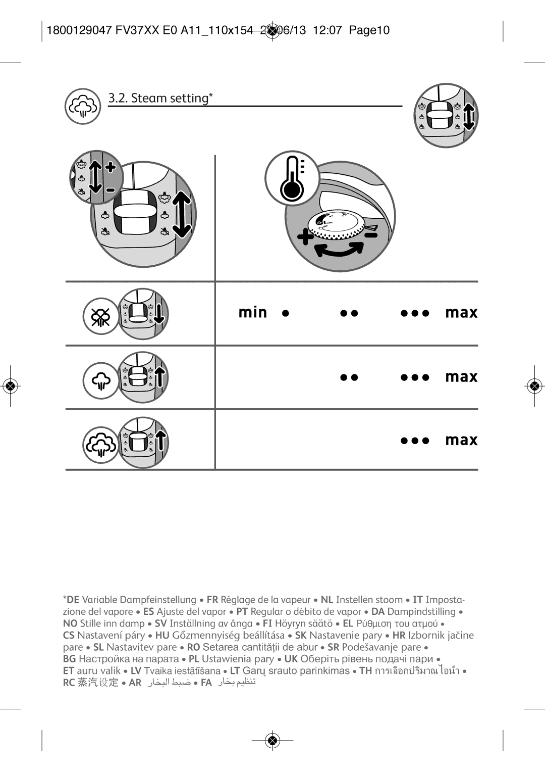 Tefal FV3769E0 manual Steam setting, 1800129047 FV37XX E0 A11110X154 28/06/13 1207 PAGE10 