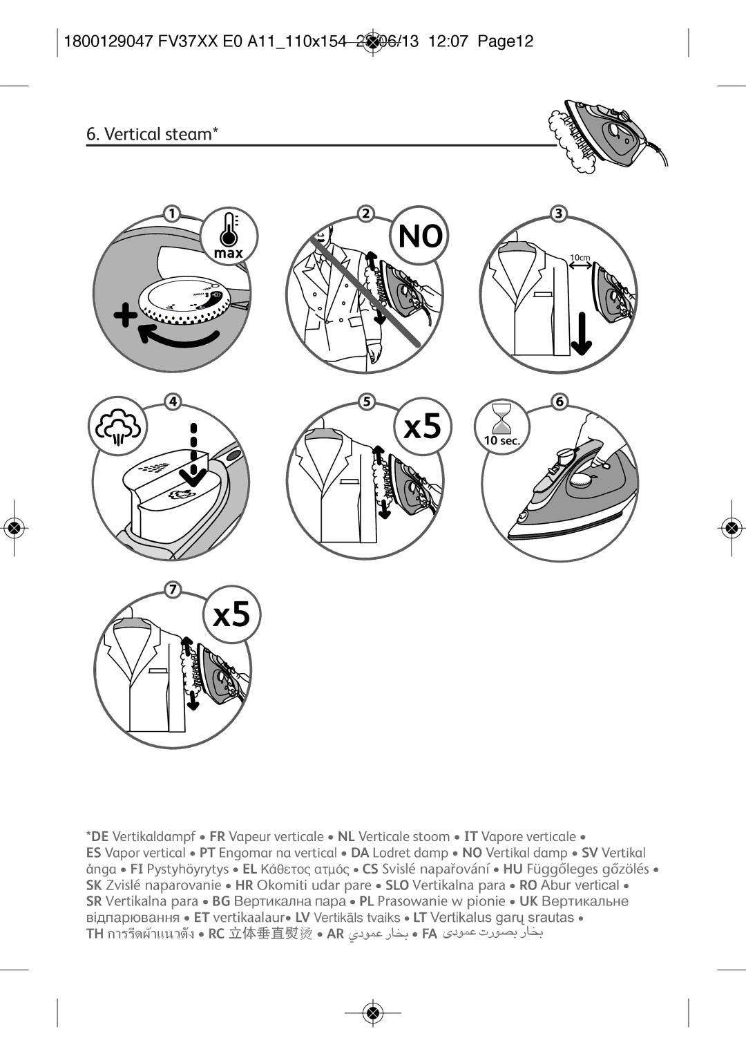 Tefal FV3769E0 manual Vertical steam, 1800129047 FV37XX E0 A11110X154 28/06/13 1207 PAGE12 