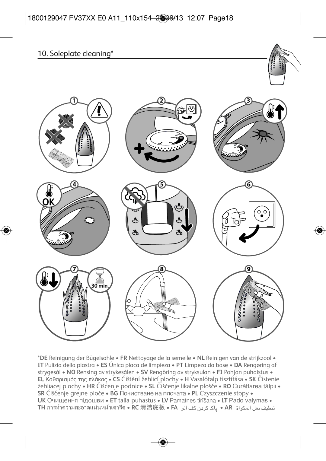 Tefal FV3769E0 manual Soleplate cleaning, 1800129047 FV37XX E0 A11110X154 28/06/13 1207 PAGE18 