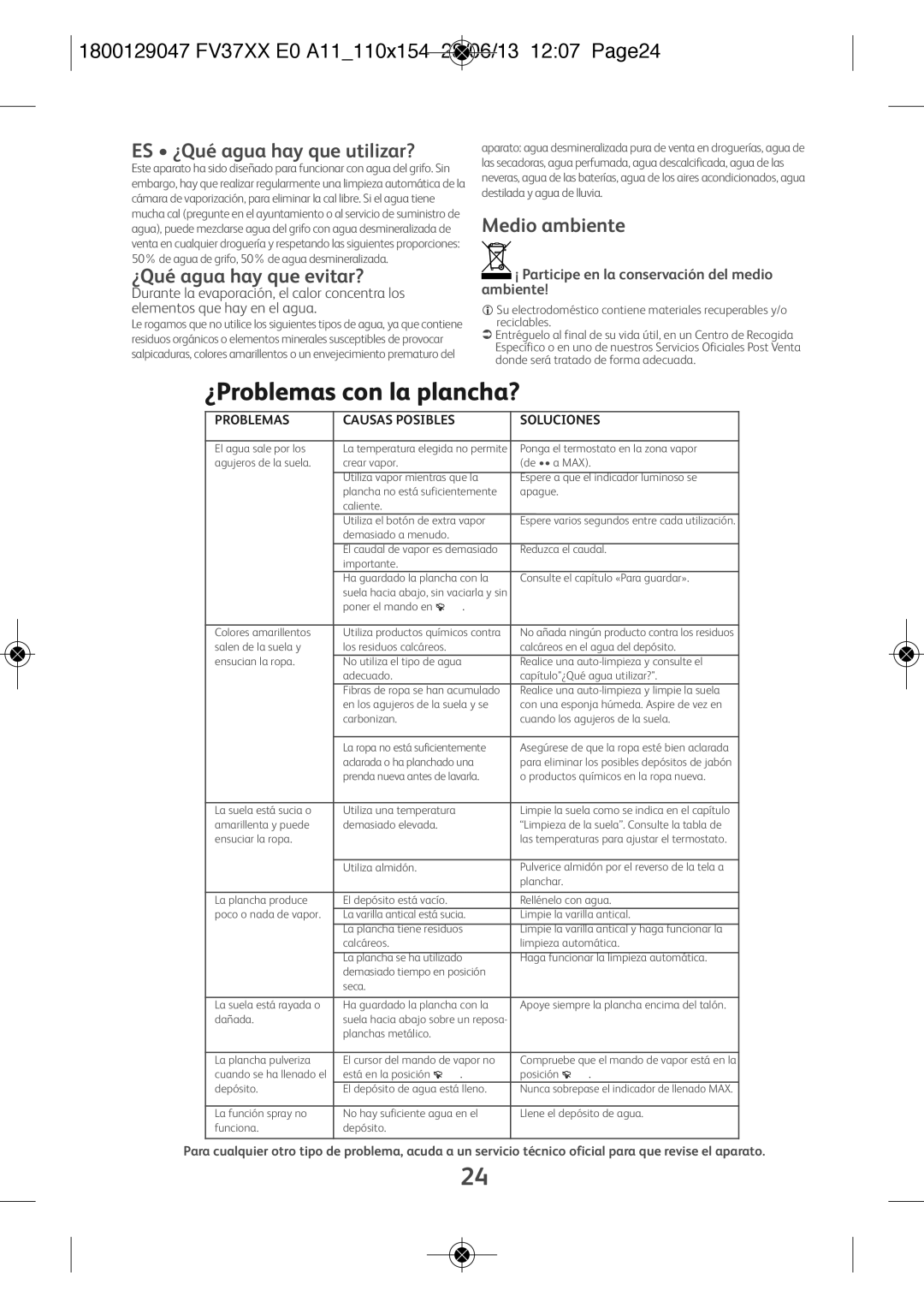 Tefal FV3769E0 ¿Problemas con la plancha?, 1800129047 FV37XX E0 A11110X154 28/06/13 1207 PAGE24, ¿Qué agua hay que evitar? 