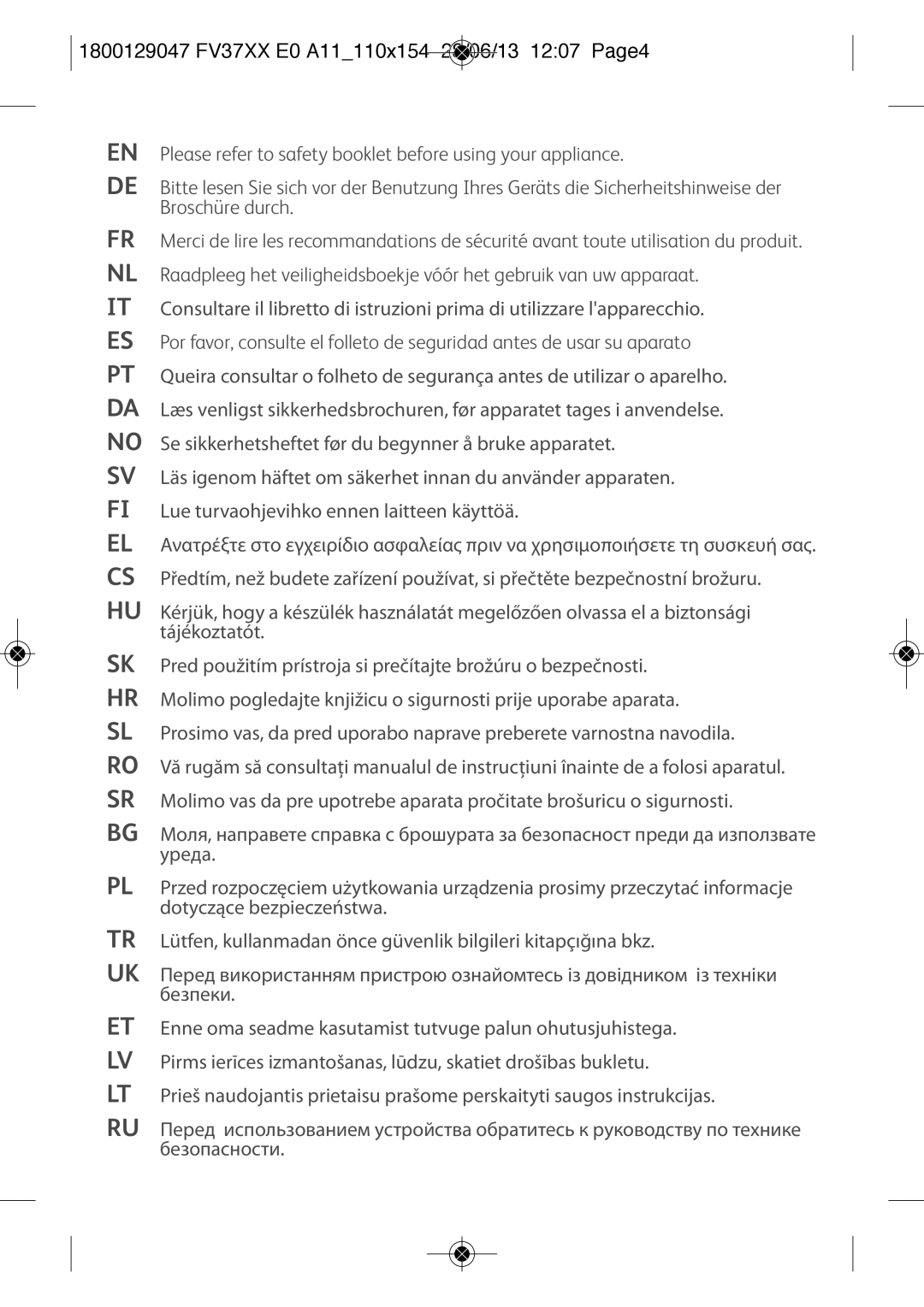 Tefal FV3769E0 manual Tr Uk Et Lv Lt Ru, 1800129047 FV37XX E0 A11110X154 28/06/13 1207 PAGE4 