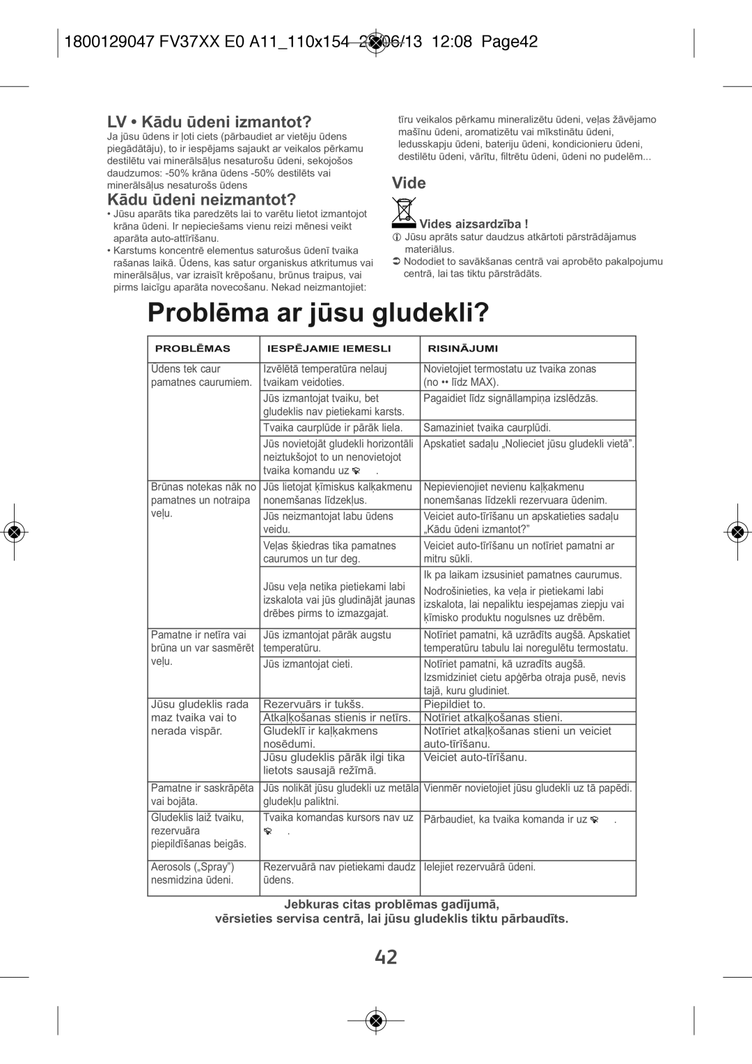 Tefal FV3769E0 1800129047 FV37XX E0 A11110X154 28/06/13 1208 PAGE42, LV Kādu ūdeni izmantot?, Kādu ūdeni neizmantot?, Vide 