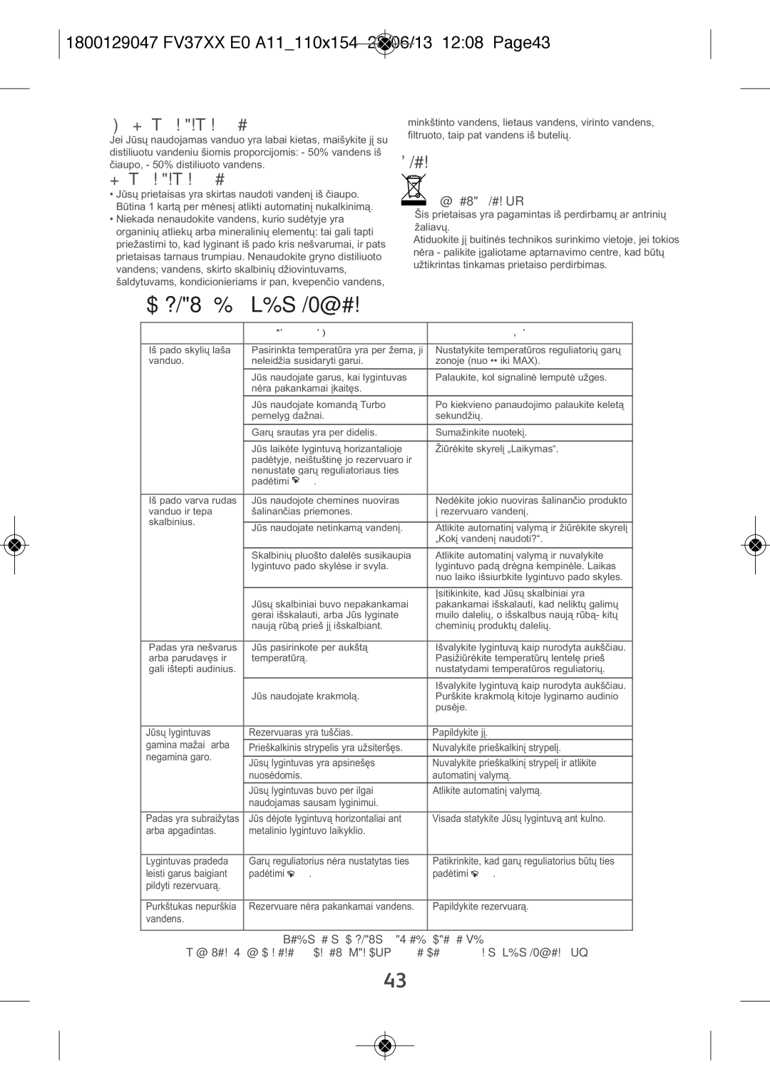 Tefal FV3769E0 Problema su Jūsų lygintuvu?, 1800129047 FV37XX E0 A11110X154 28/06/13 1208 PAGE43, LT Kokį vandenį naudoti? 