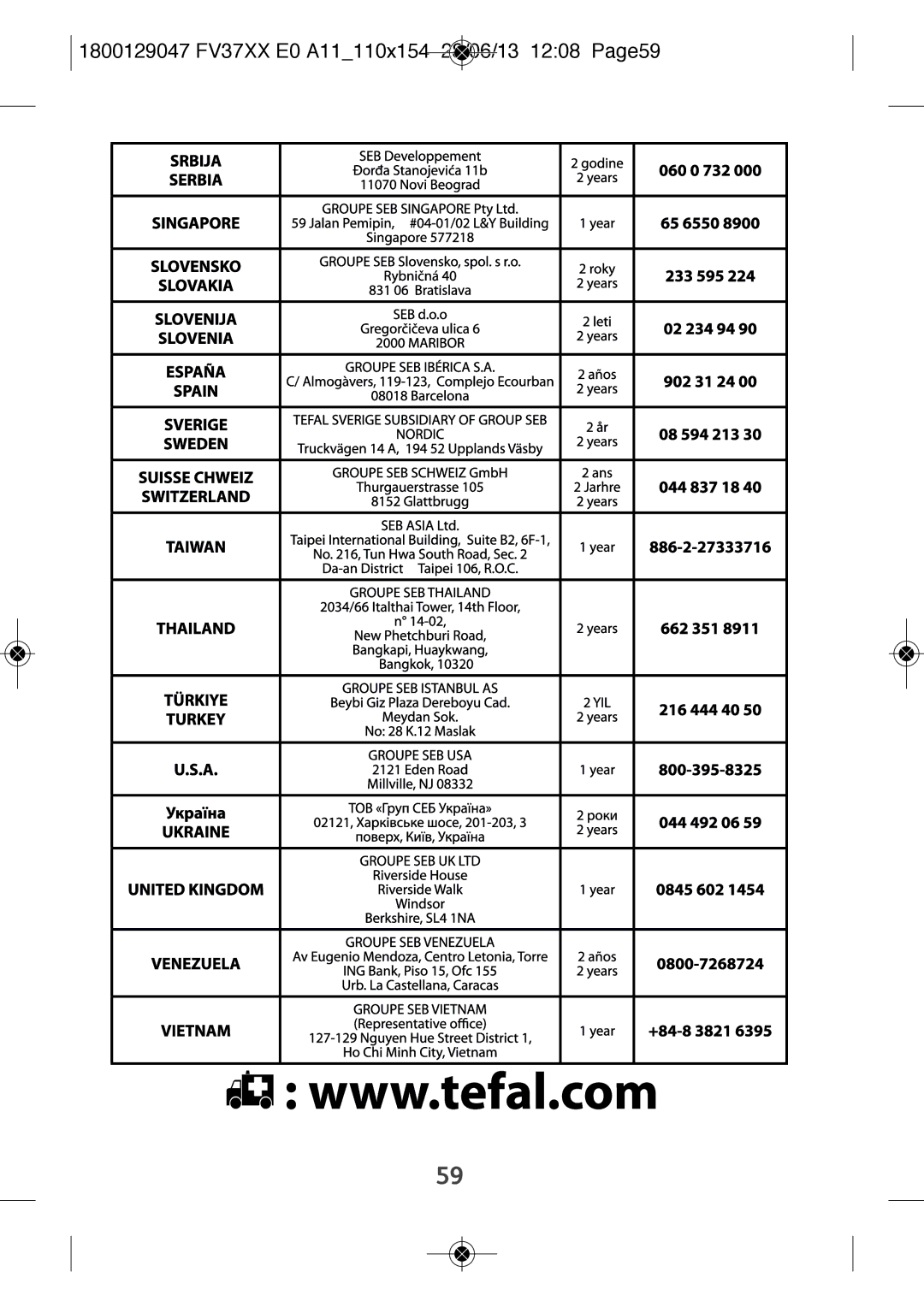 Tefal FV3769E0 manual 1800129047 FV37XX E0 A11110X154 28/06/13 1208 PAGE59 