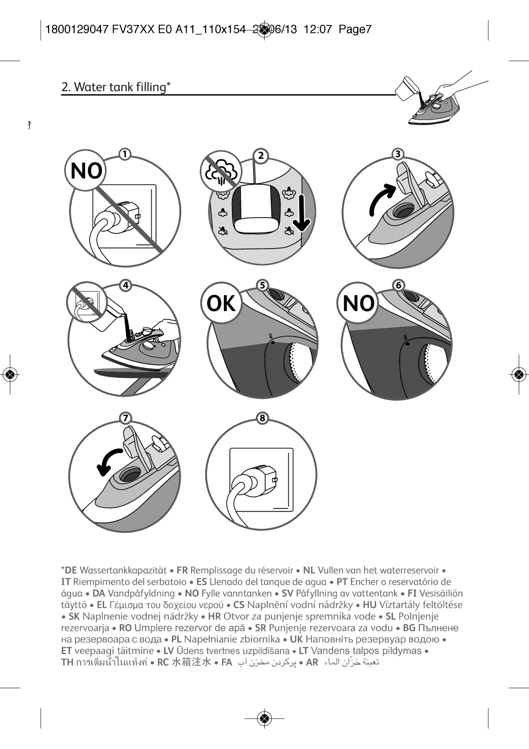 Tefal FV3769E0 manual Water tank filling, 1800129047 FV37XX E0 A11110X154 28/06/13 1207 PAGE7 