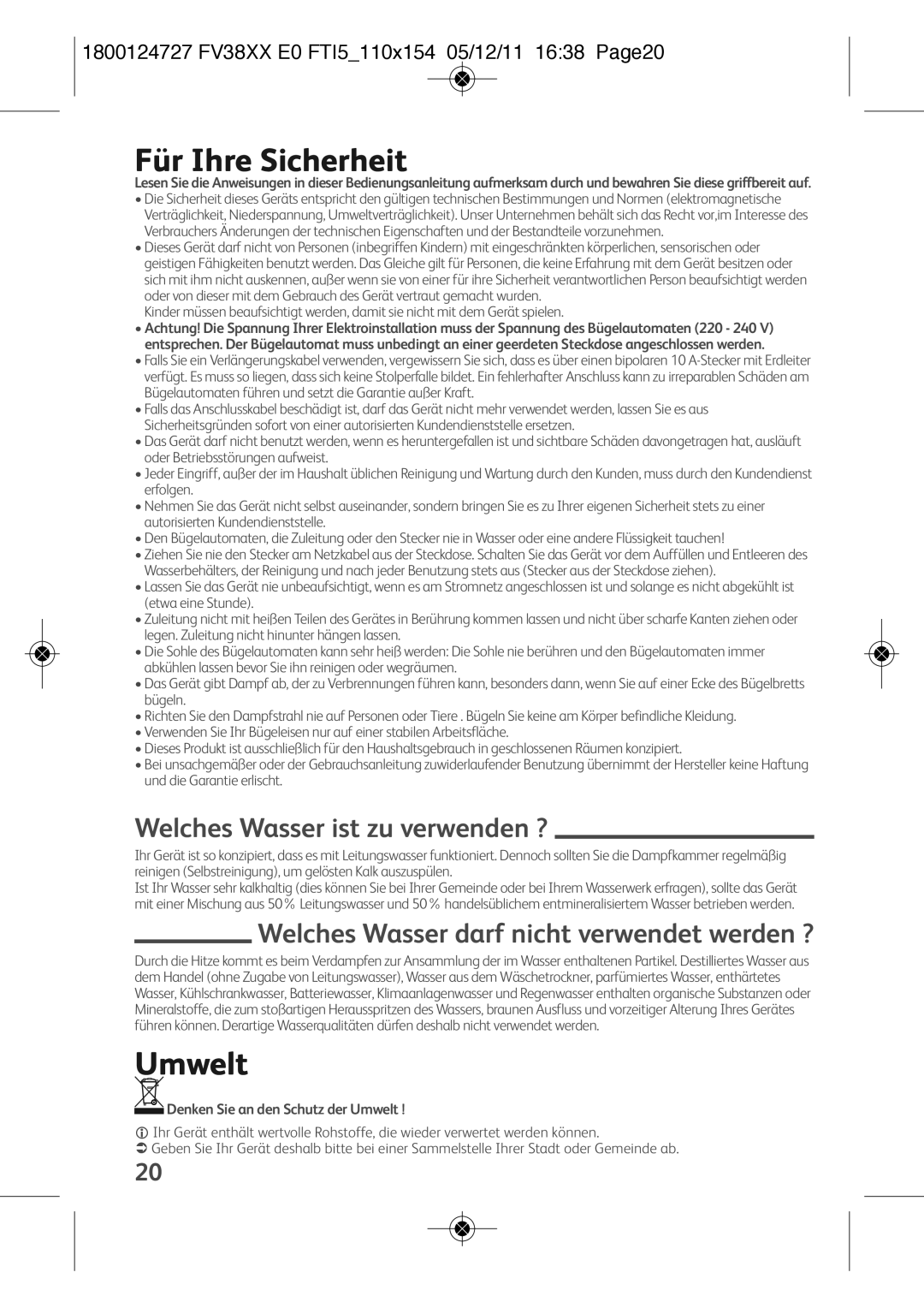 Tefal FV3820E0 manual Für Ihre Sicherheit, Umwelt 