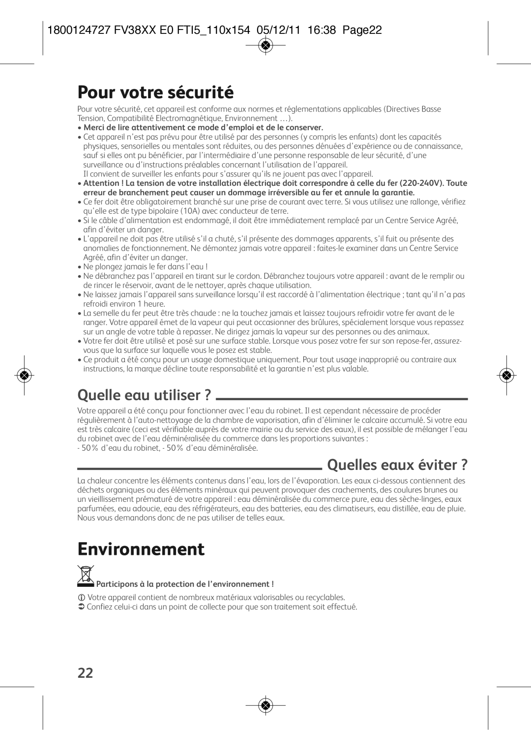 Tefal FV3820E0 manual Pour votre sécurité, Environnement 