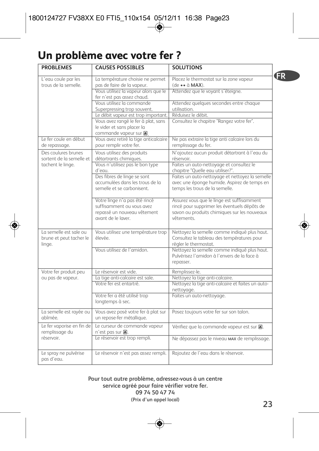 Tefal FV3820E0 manual Un problème avec votre fer ?, Problemes Causes Possibles Solutions 
