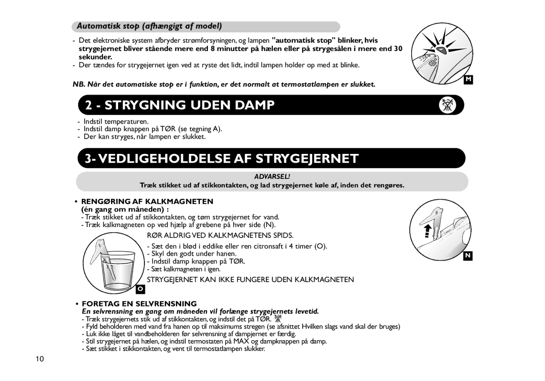 Tefal FV4190N0, FV4190D0, FV4190C0 Strygning Uden Damp, Vedligeholdelse AF Strygejernet, Automatisk stop afhængigt af model 