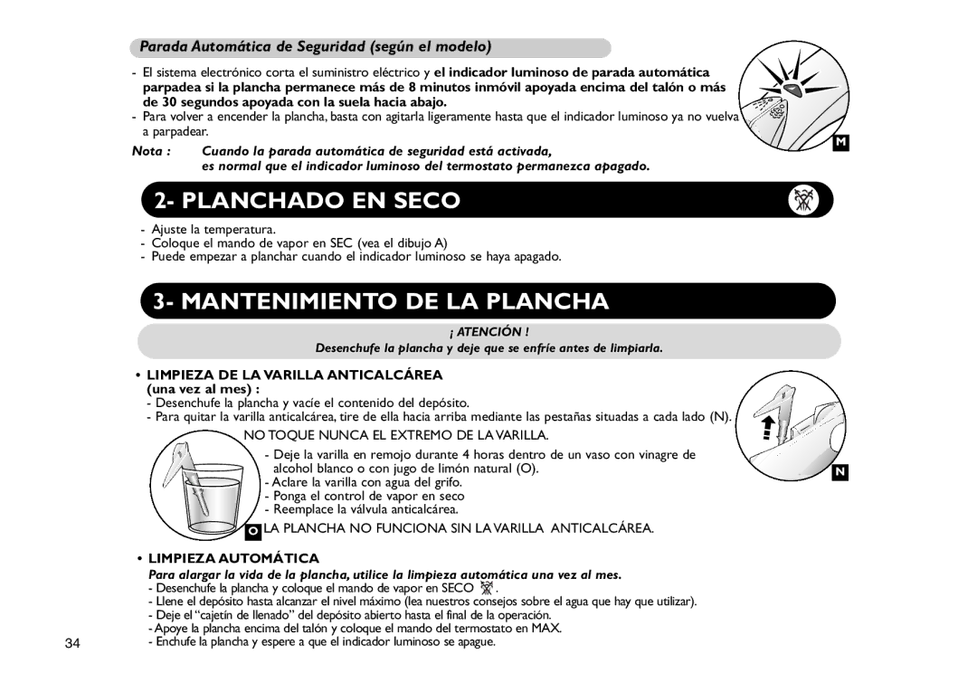 Tefal FV4190C0, FV4190D0 Planchado EN Seco, Mantenimiento DE LA Plancha, Parada Automática de Seguridad según el modelo 