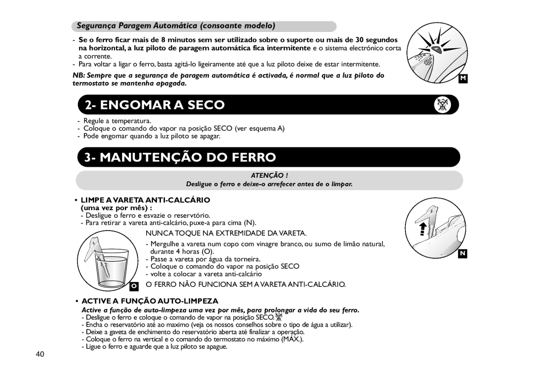 Tefal FV4190Y0, FV4190D0, FV4190C0 manual Engomar a Seco, Manutenção do Ferro, Segurança Paragem Automática consoante modelo 