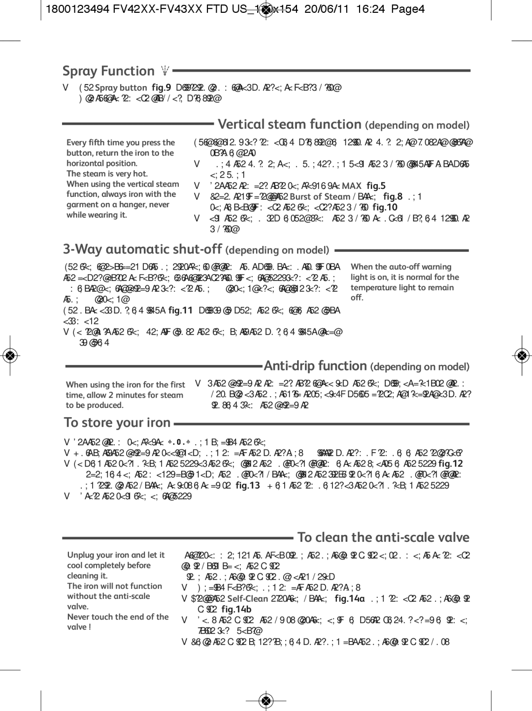 Tefal FV4250K0 manual Spray Function, Vertical steam function depending on model, Way automatic shut-off depending on model 