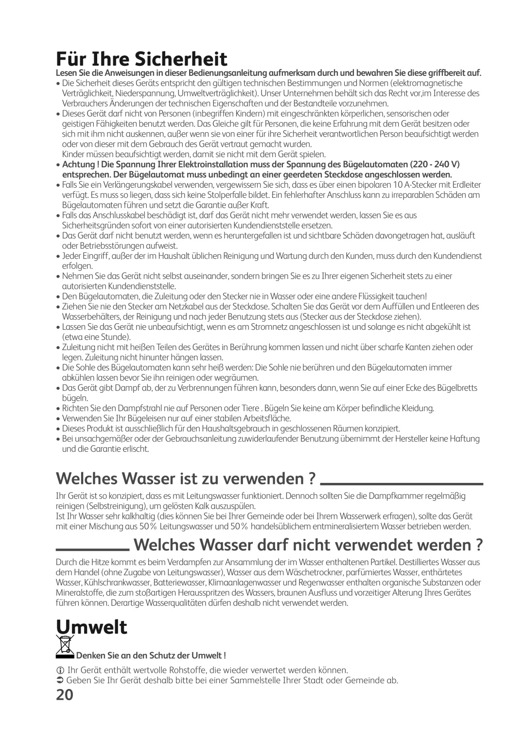 Tefal FV4270K0, FV4270C5, FV4270E0, FV4270E7, FV4270G8 manual Für Ihre Sicherheit, Umwelt, Welches Wasser ist zu verwenden ? 