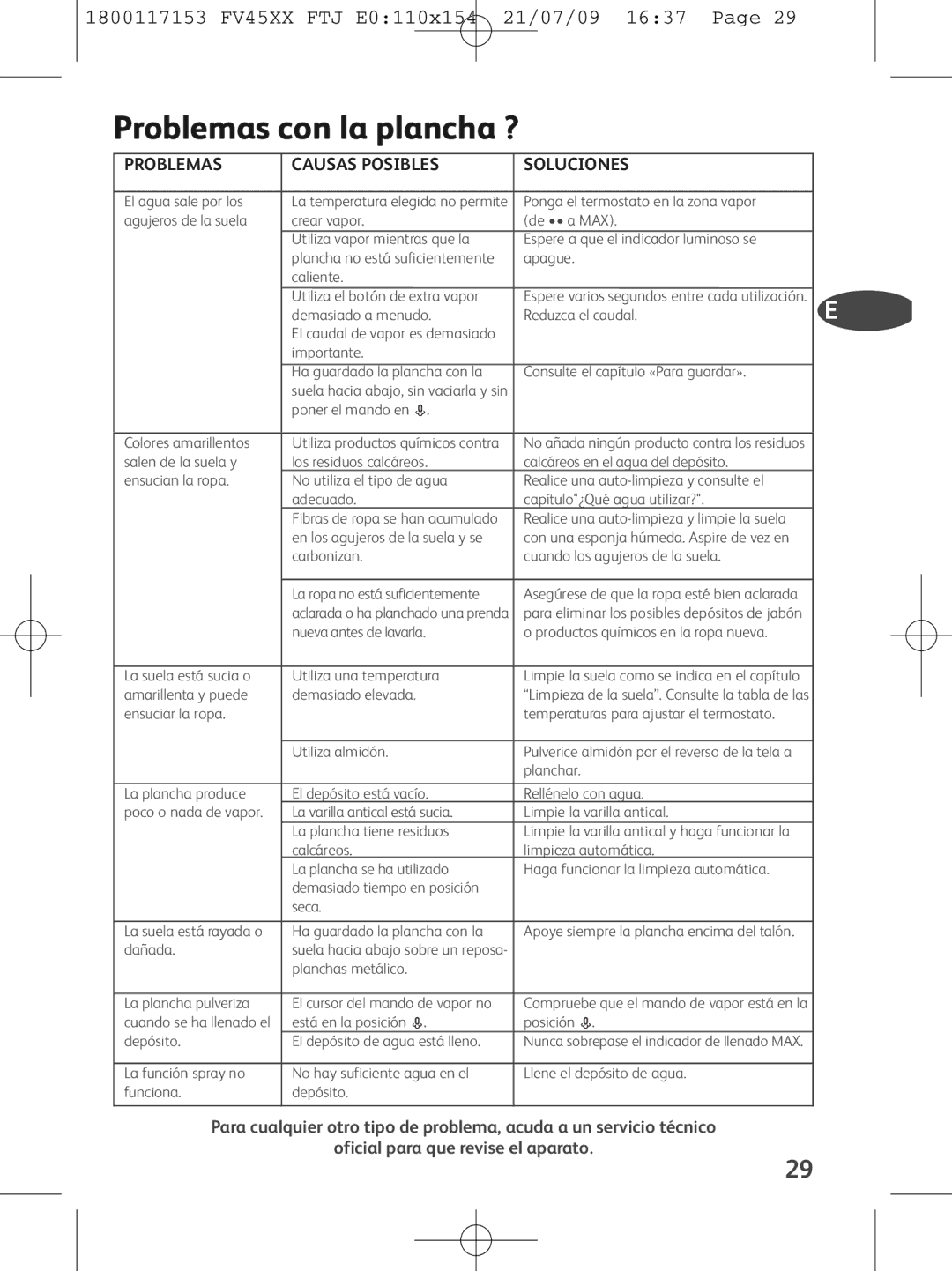 Tefal FV4550M0, FV4550J0, FV4550L0, FV4550K0, FV4550C0 manual Problemas con la plancha ?, Problemas Causas Posibles Soluciones 