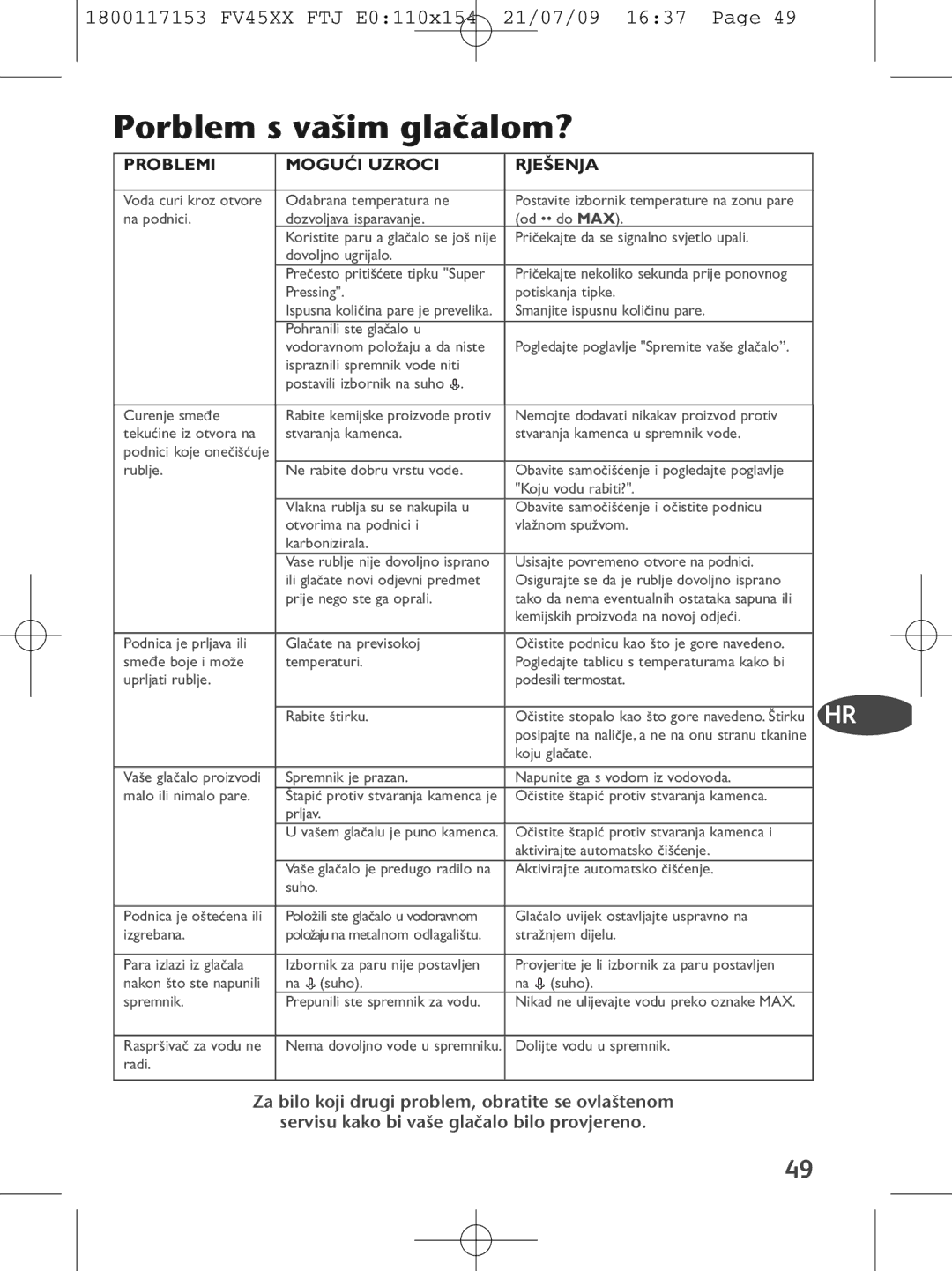 Tefal FV4550L0, FV4550M0, FV4550J0, FV4550K0, FV4550C0, FV4550E0 manual Porblem s va‰im glaãalom?, Rje·Enja 